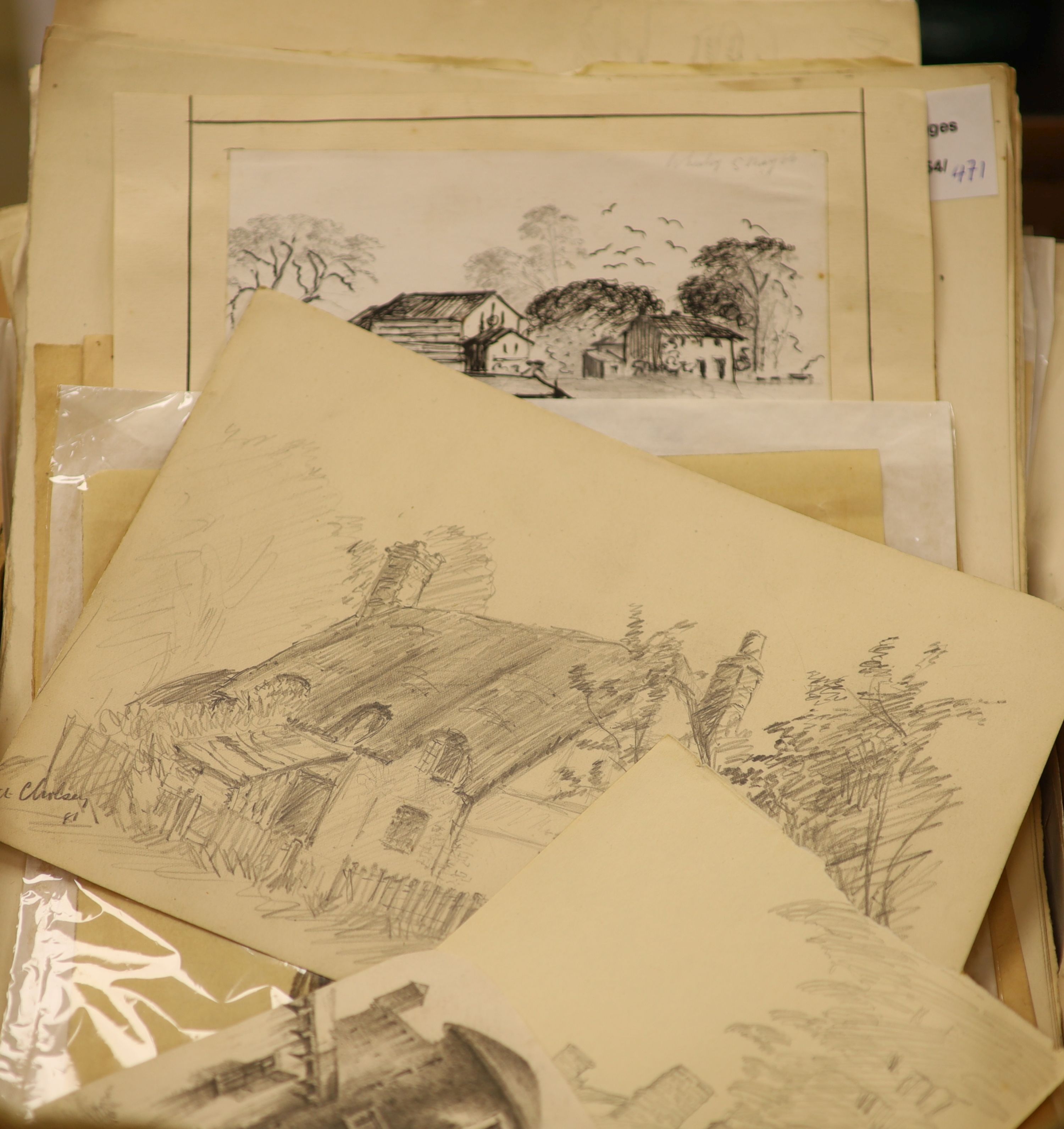 A group of assorted pencil drawings by D. Langley c.1920 and sundry other pencil drawings, together with assorted prints, all unframed